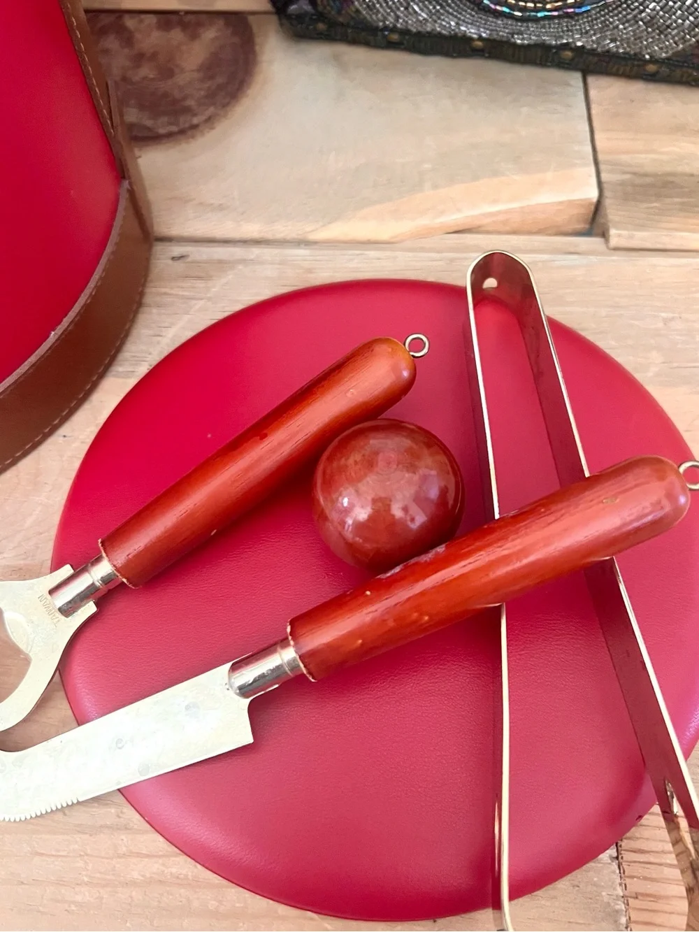 Vintage Mid Century MOD Goerges Briard RARE Red Faux Leather Ice Bucket & Tools